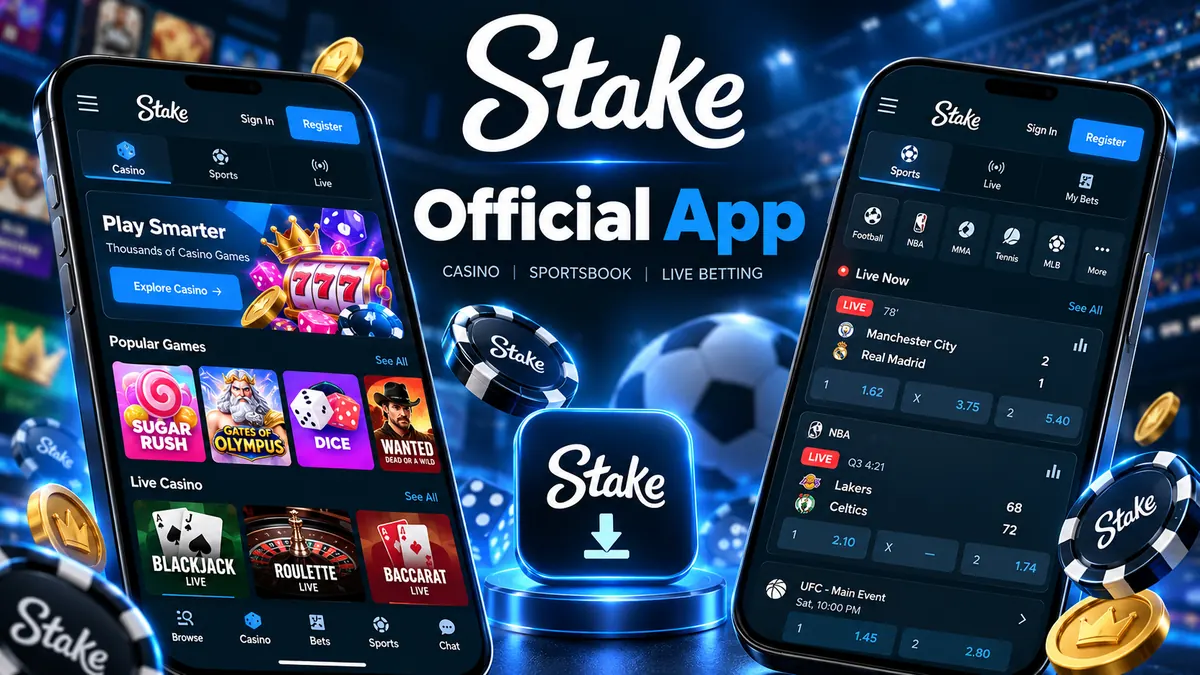 Stake shown on two smartphones with sportsbook and casino screens