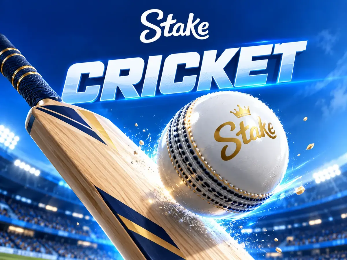 Cricket bat striking a white ball with the Stake logo in a floodlit stadium