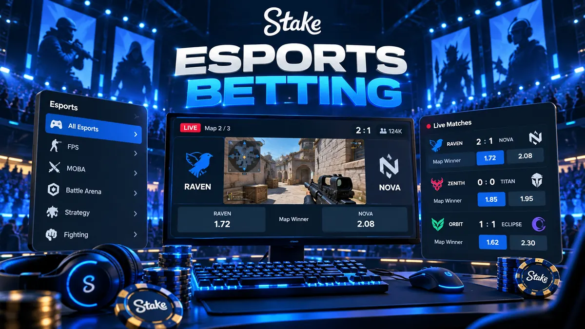 Gaming setup with esports betting odds panels and the Stake logo