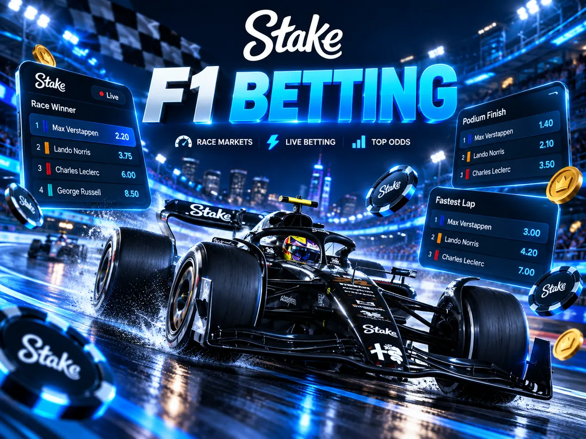 Formula 1 car racing at night beside Stake F1 betting odds panels