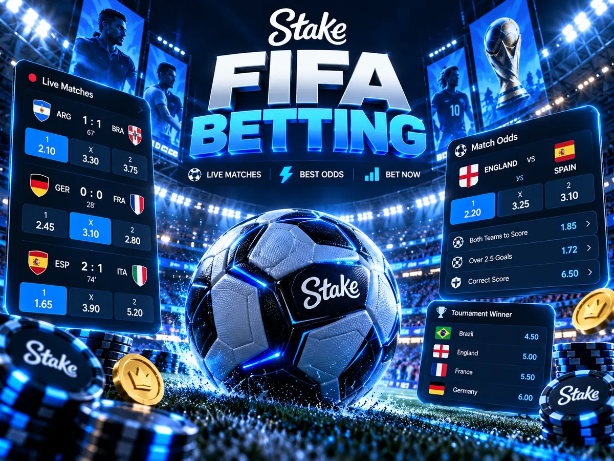 Football with the Stake logo in a neon stadium surrounded by FIFA betting odds panels