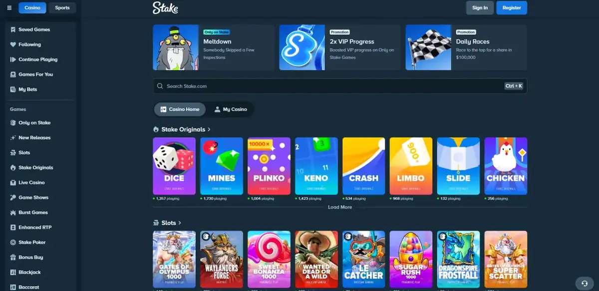 Stake casino Originals section with Dice, Mines, Plinko, Keno and Crash games