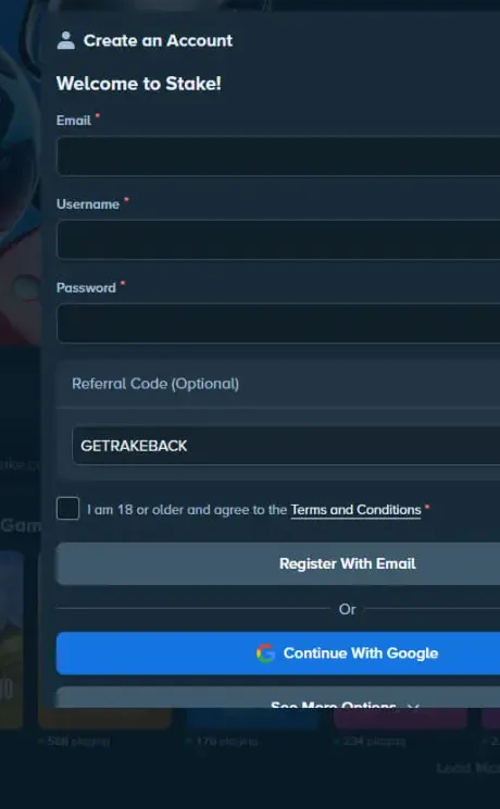 Stake Create an Account form with the Referral Code field filled in with GETRAKEBACK