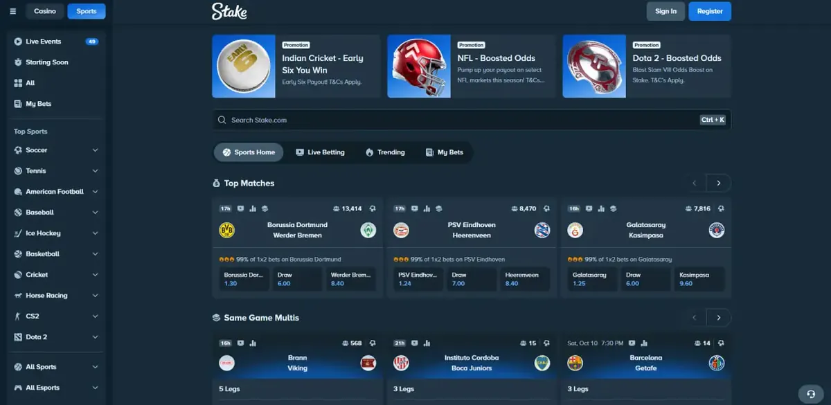 Stake sportsbook lobby with top soccer matches, decimal odds and a sports menu